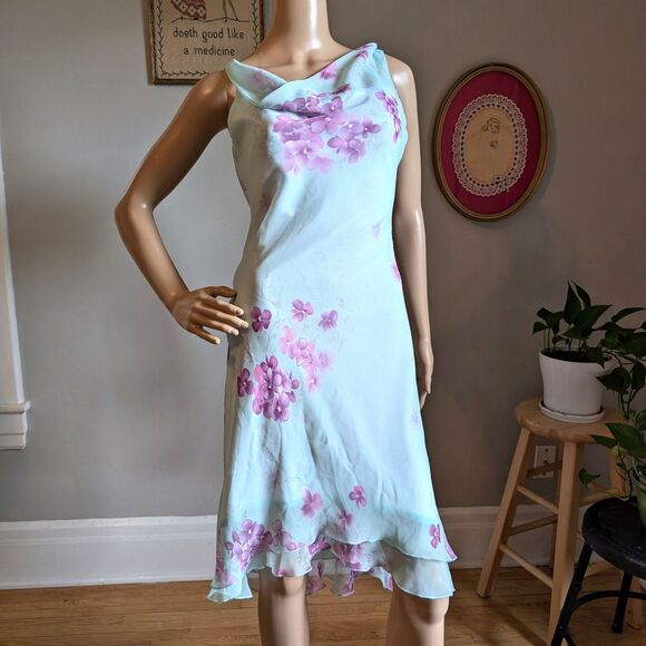 Vintage Dresses & Skirts - Vintage 90s Teeze Me Floral Dress Midi Watercolor Blue Cowl Jrs Size 3
